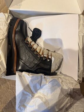 Marc Fisher Black Leather Shearling-Trim Lace-Up Boot